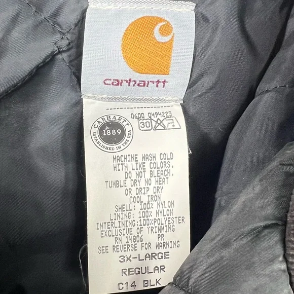 CARHARTT Men’s C14 Black Duck Canvas Arctic Quilted Lined Chore Coat 3XL